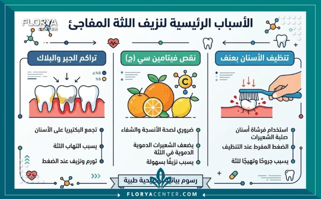 إنفوجرافيك يوضح أهم أسباب نزيف اللثة المفاجئ مثل نقص الفيتامينات، تراكم الجير، وتفريش الأسنان بقوة.