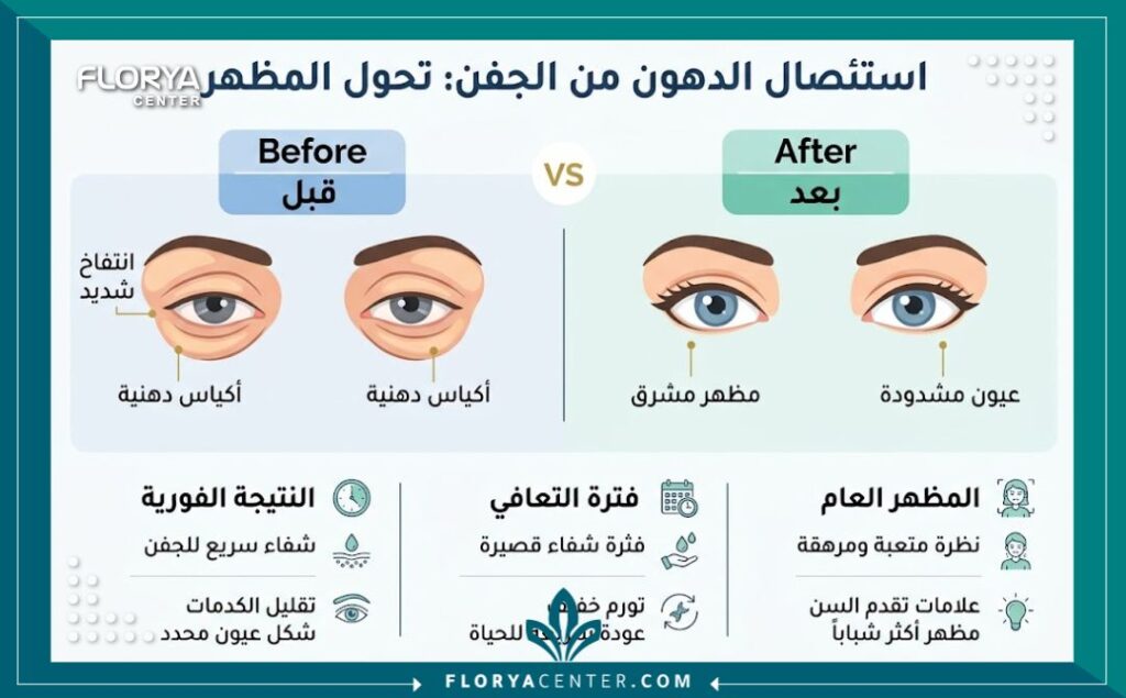 انفوجرافيك مقارنة بين "قبل وبعد" عملية استئصال الدهون من الجفن في تركيا، يوضح التخلص من الانتفاخ والأكياس الدهنية للحصول على عيون مشدودة ومظهر مشرق وشاب.