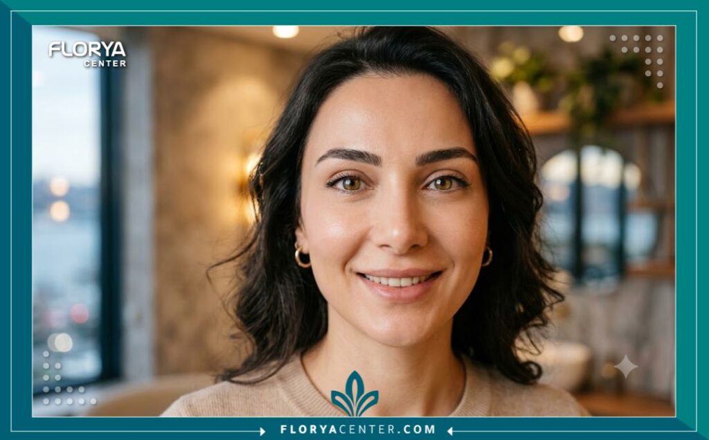 لقطة مقربة (Close-up) جمالية لعيون امرأة عربية شابة ومشرقة، تظهر الجفون ناعمة ومشدودة وخالية من الانتفاخ والأكياس بعد عملية ناجحة لاستئصال الدهون في تركيا، مع إضاءة ناعمة وطبيعية.