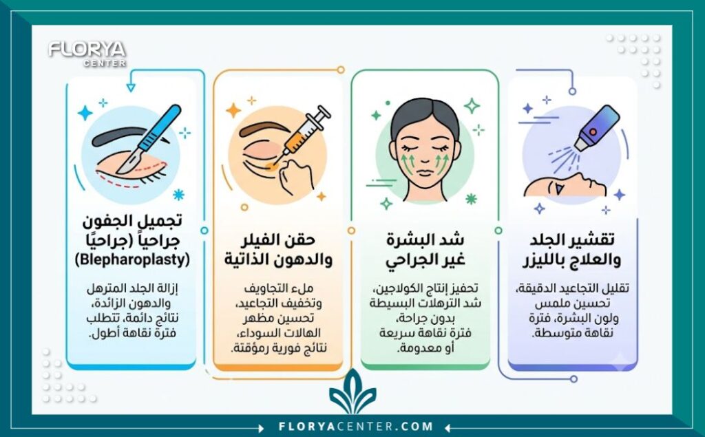 إنفوجرافيك مقارن يوضح التقنيات المختلفة لاستعادة شباب العين في تركيا، مثل شد الجفون، وحقن الفيلر، وعلاج الهالات بالليزر، مع توضيح الفوائد وفترة النقاهة لكل تقنية.