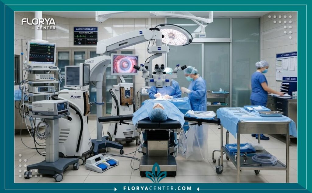 غرفة عمليات حديثة ومعقمة في مستشفى تركي متخصص في جراحة تجميل العيون، تظهر فيها المعدات الطبية المتطورة والطاقم الجراحي المحترف.