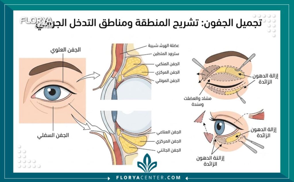 مخطط طبي يوضح تشريح جفن العين والمناطق المستهدفة في عملية شد الجفون في تركيا.