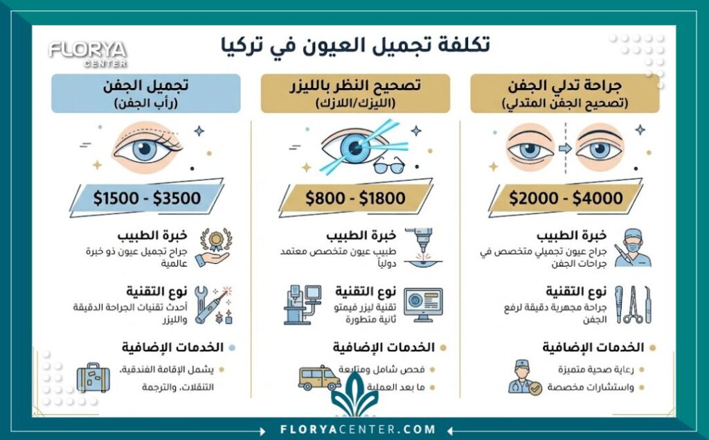 إنفوجرافيك يوضح مقارنة اسعار تجميل العيون في تركيا والعوامل المؤثرة على التكلفة النهائية للعملية.
