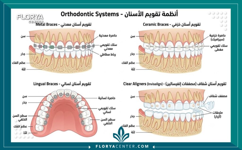 اسعار تقويم الاسنان في تركيا 2 مخطط توضيحي يُبرز أنواع تقويم الأسنان المختلفة وتأثير نوع الجهاز على تحديد التكلفة.