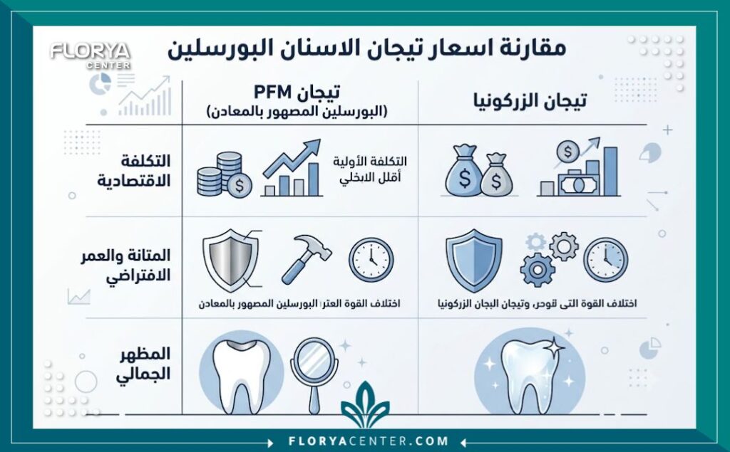 إنفوجرافيك توضيحي لمقارنة اسعار تيجان الاسنان البورسلين والمعدن وعوامل تحديد تكلفة التركيبات.
