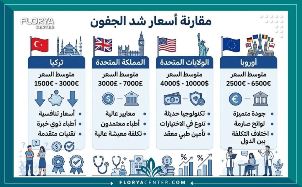 إنفوجرافيك يوضح مقارنة اسعار شد الجفون في تركيا مقارنة بالدول الأوروبية وأمريكا.