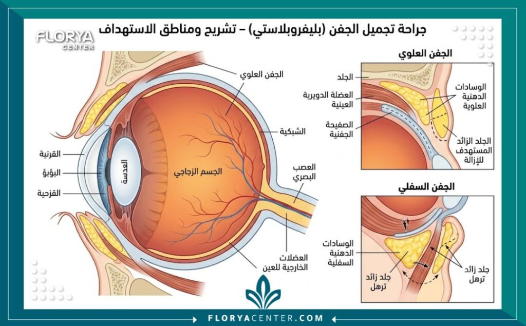 اسعار عمليات تجميل الجفون في تركيا 2 رسم توضيحي طبي دقيق لتشريح الجفن العلوي والسفلي، يوضح المناطق المستهدفة لإزالة الدهون والجلد الزائد في عملية تجميل الجفون.