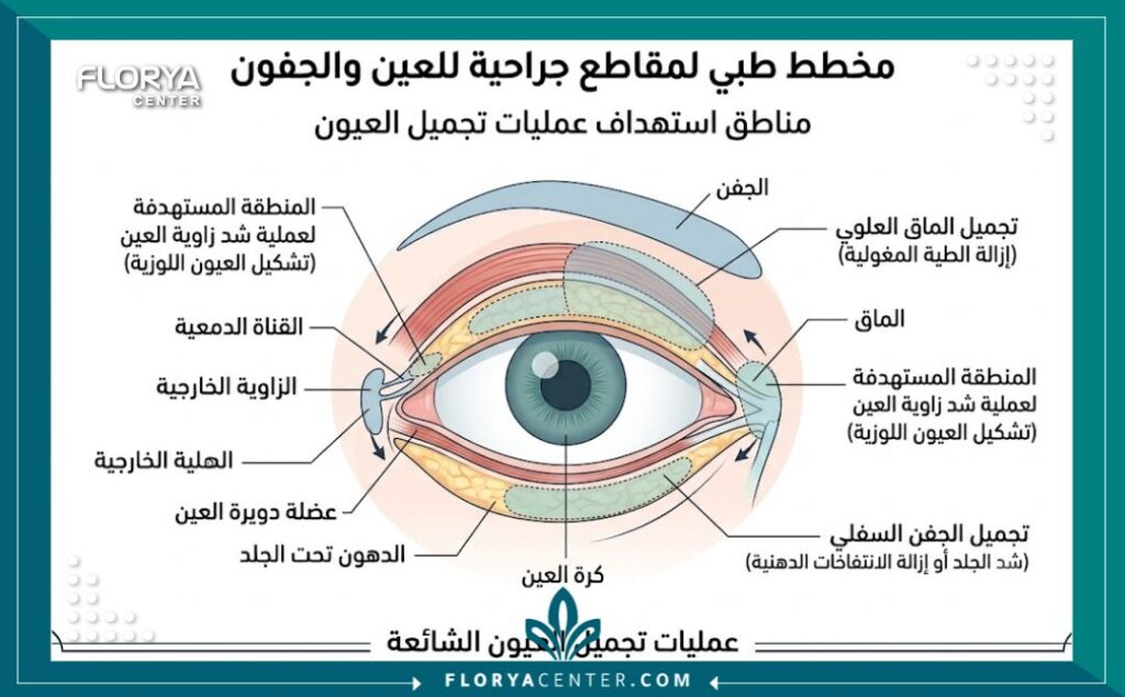 مخطط طبي يوضح تقنيات عمليات تجميل العيون المختلفة مثل قص الجفون وسحب العين.