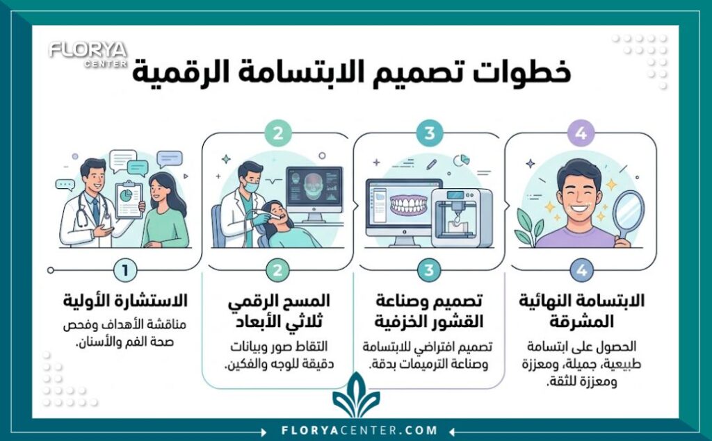 إنفوجرافيك يوضح خطوات تصميم الابتسامة الرقمية في أفضل عيادات تجميل الأسنان في تركيا.