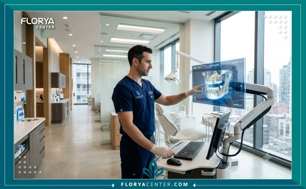 طبيب أسنان خبير يخطط لتصميم الابتسامة داخل عيادة تجميل أسنان فاخرة ومجهزة بأحدث التقنيات في اسطنبول.
