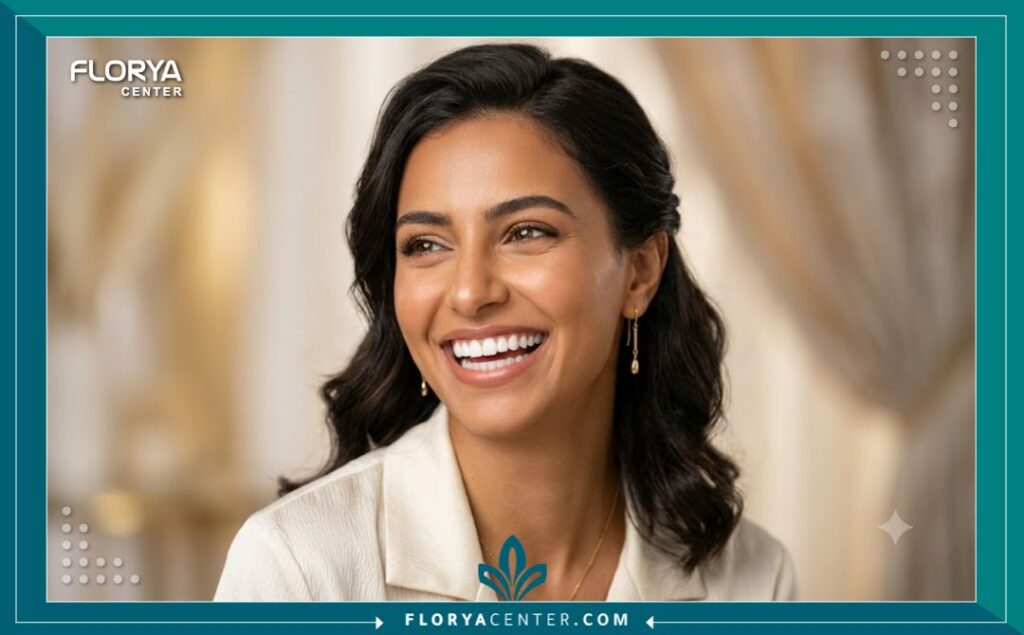 امرأة تتمتع بابتسامة جذابة ومشرقة تبرز اللمسة الفنية لعمليات تجميل الأسنان وابتسامة هوليود.