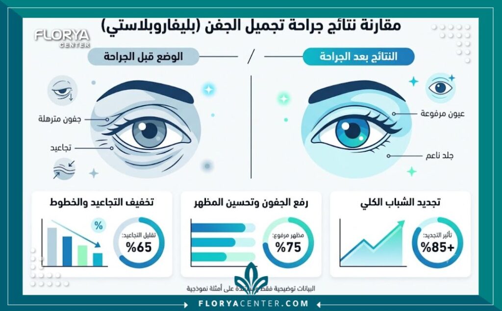 افضل دكتور تجميل جفون في اسطنبول 3 إنفوجرافيك يقارن نتائج ومميزات قبل وبعد عملية تجميل الجفون، ويوضح نسبة نجاح العملية عند أفضل دكتور تجميل في اسطنبول.
