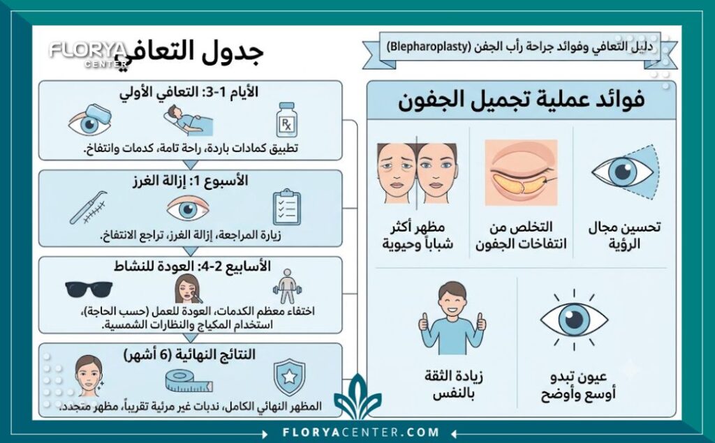 افضل دكتور لشد الجفون في اسطنبول 3 إنفوجرافيك يوضح مراحل التعافي وفوائد افضل دكتور لشد الجفون في اسطنبول للحصول على مظهر طبيعي وشبابي.