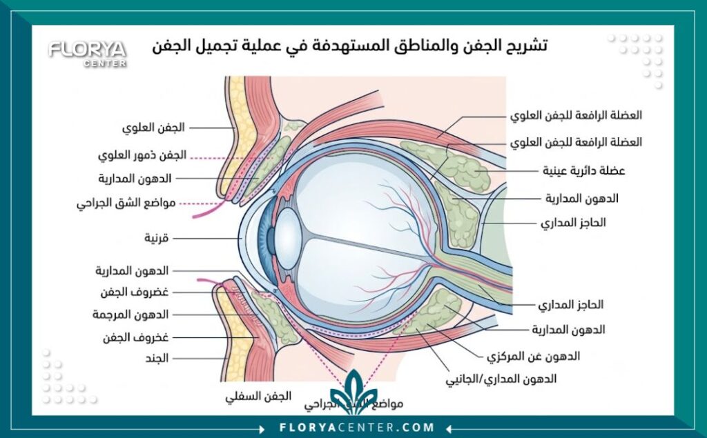 افضل عيادة تجميل عيون في اسطنبول 2 رسم توضيحي طبي لتشريح جفون العين والعضلات المحيطة بها يوضح خطوات تجميل العيون في المستشفيات التركية الموثوقة.