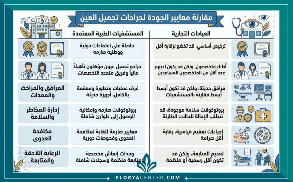 افضل عيادة تجميل عيون في اسطنبول 3 إنفوجرافيك يقارن بين معايير الجودة في المستشفيات المعتمدة والعيادات التجارية لاختيار افضل عيادة تجميل عيون في اسطنبول.