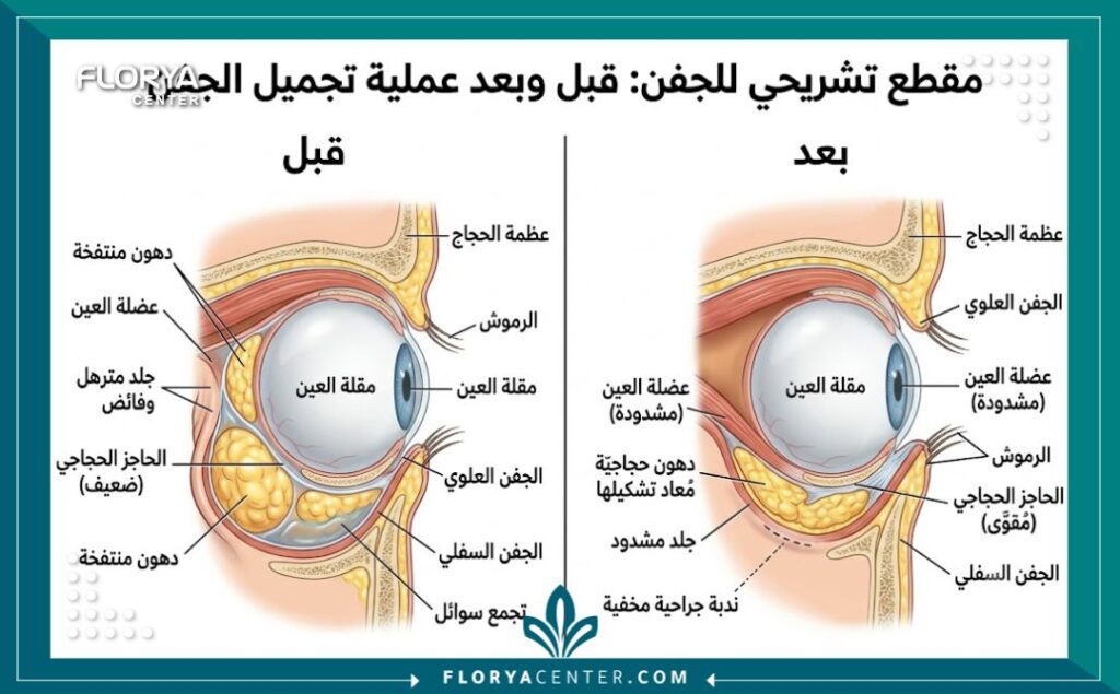 التخلص من انتفاخ الجفون 2 رسم توضيحي طبي يبين تشريح العين وأسباب ظهور أكياس الدهون واحتباس السوائل المسببة لانتفاخ الجفن.
