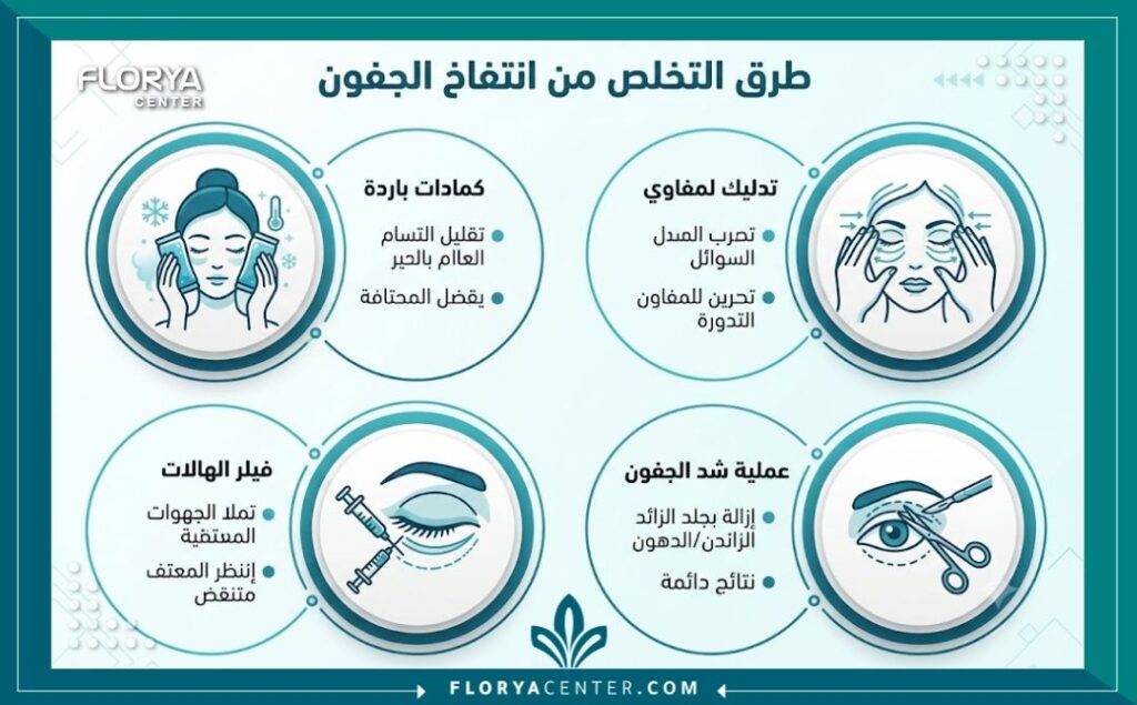 التخلص من انتفاخ الجفون 3 إنفوجرافيك يوضح مقارنة بين طرق التخلص من انتفاخ الجفون الطبيعية والتجميلية والجراحية.