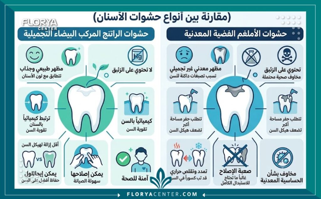 إنفوجرافيك مقارنة شاملة بين الفرق بين الحشوة البيضاء والفضية ومميزات الحشوات البيضاء التجميلية وعيوب الحشوات الفضية القديمة ومخاطر الزئبق.