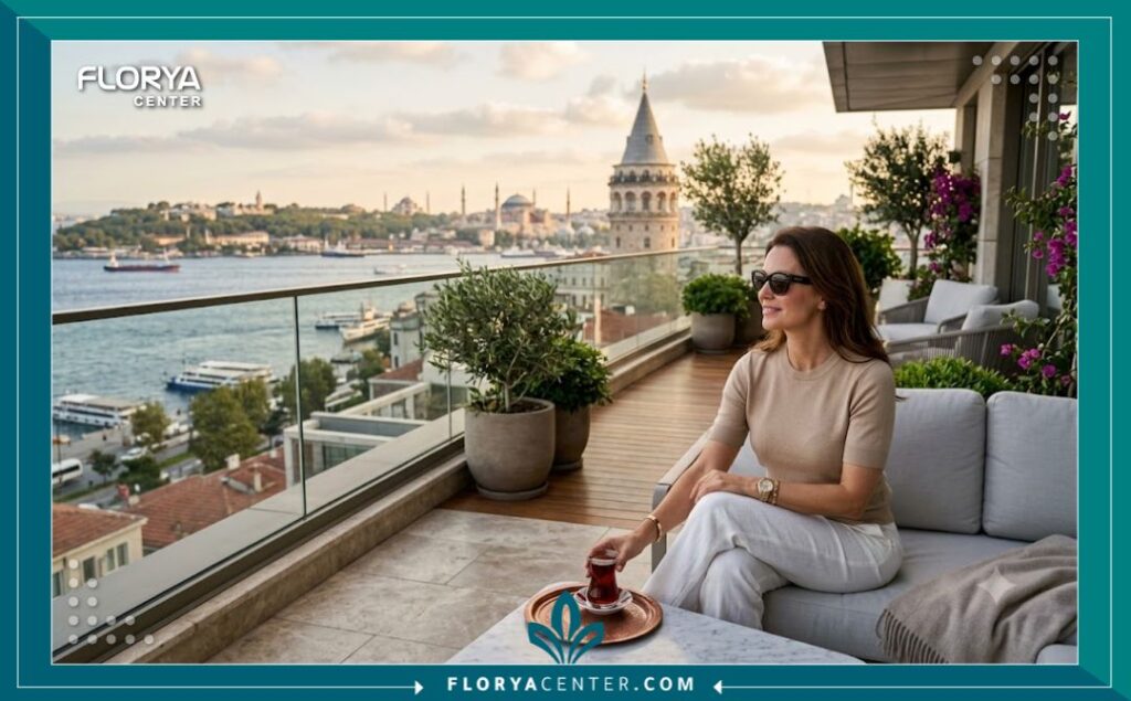 امرأة تسترخي على شرفة فاخرة تطل على مضيق البوسفور ومعالم إسطنبول، تستمتع بالنقاهة بعد عملية تجميل جفن ناجحة في تركيا، تمزج بين السياحة العلاجية والراحة.