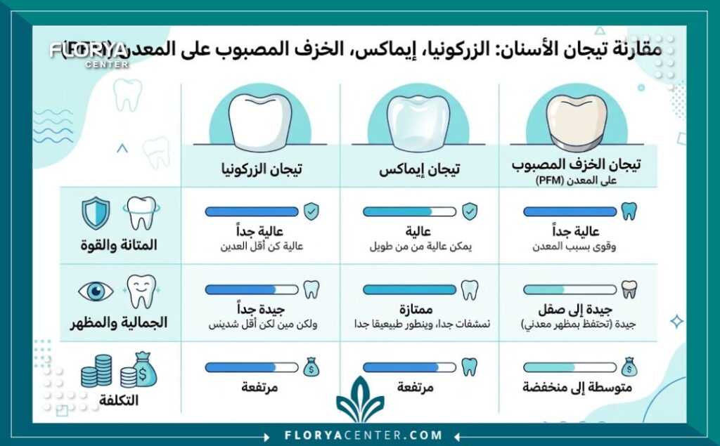 إنفوجرافيك يقارن بين أنواع تيجان الأسنان مثل الزيركون والإيماكس لاختيار التلبيسة الأنسب لحالة أسنانك.