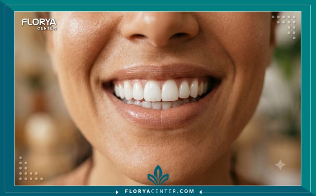 ابتسامة طبيعية ومشرقة لامرأة بعد الحصول على تلبيسة وتاج أسنان تجميلي، تعكس جودة طب الأسنان في تركيا.