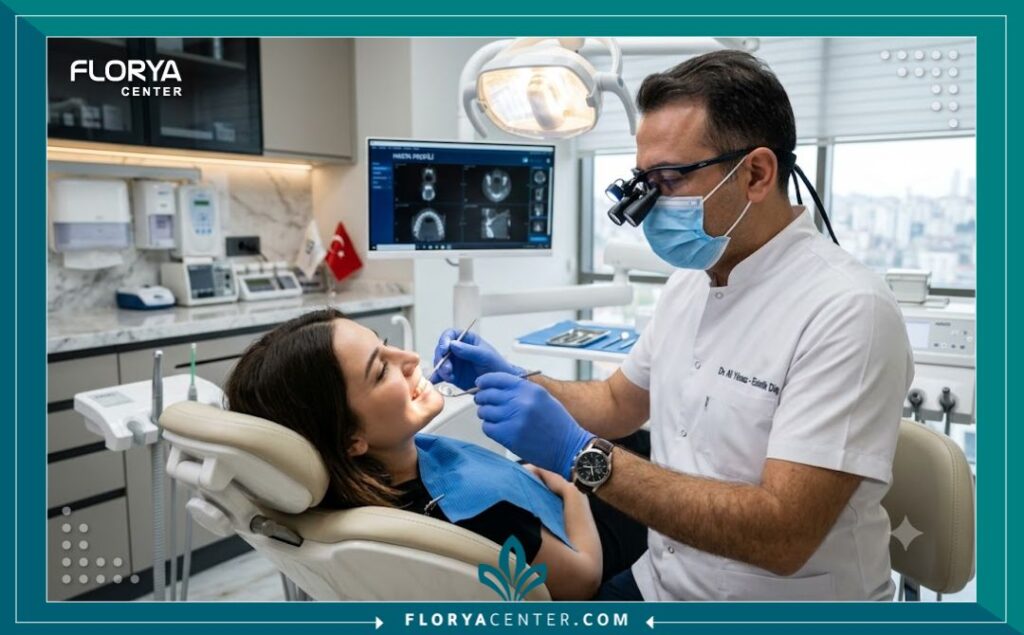تبييض الاسنان الداخلي في تركيا 4 طبيب أسنان متخصص يجري فحصاً لمريض داخل عيادة تجميل أسنان حديثة في تركيا.