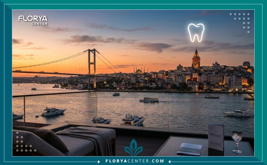 تبييض الاسنان الداخلي في تركيا 6 السياحة العلاجية لتجميل الأسنان في إسطنبول تركيا مع مشهد خلاب لجسر البوسفور.