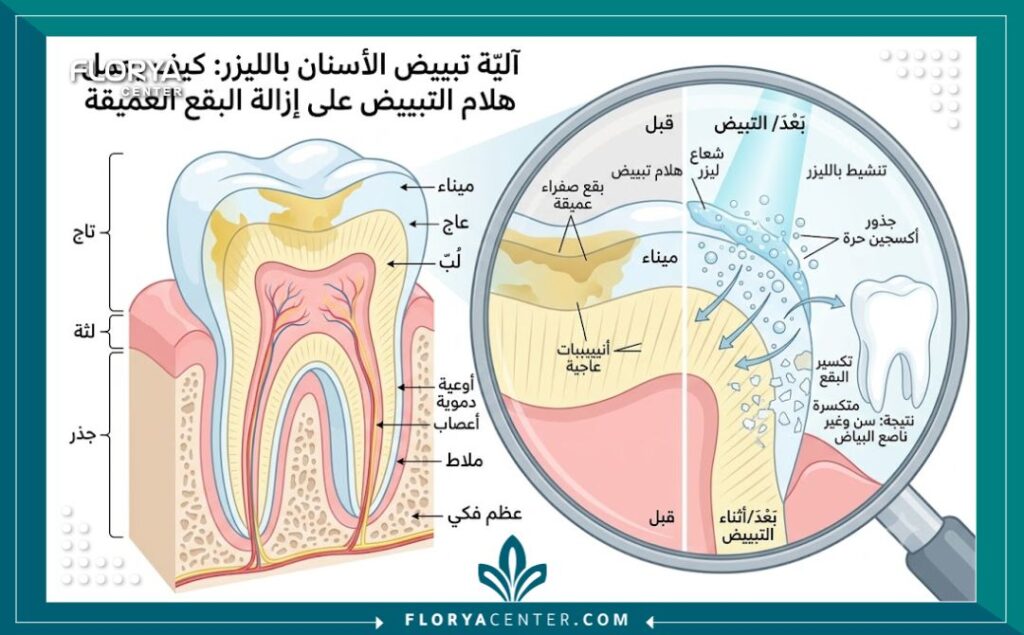تبييض الاسنان في تركيا 2 رسم توضيحي طبي يوضح طبقات السن وكيفية عمل جل تبييض الاسنان لإزالة الاصفرار والتصبغات العميقة.