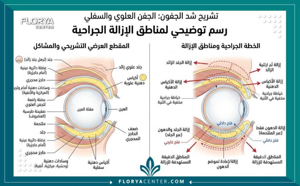 رسم توضيحي طبي دقيق يشرح تشريح الجفن ومناطق إزالة الجلد الزائد والدهون في عملية شد الجفون.