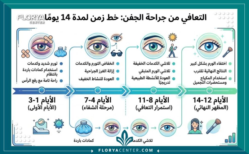 إنفوجرافيك يوضح الجدول الزمني لفترة النقاهة ومراحل اختفاء الكدمات والتعافي بعد تجارب عملية شد الجفون في تركيا.