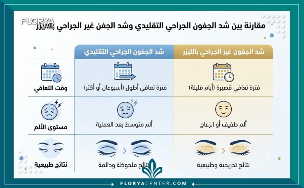 تجربتي مع شد الجفون بالليزر في اسطنبول 3 إنفوجرافيك يقارن بين عملية شد الجفون الجراحية وتجربتي مع شد الجفون بالليزر بدون جراحة من حيث فترة النقاهة والنتائج والأمان.