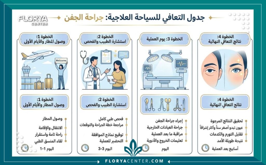 تجربتي مع شد الجفون في اسطنبول 3 إنفوجرافيك يوضح الجدول الزمني لرحلة السياحة العلاجية ومراحل التعافي من عملية شد الجفون في تركيا.