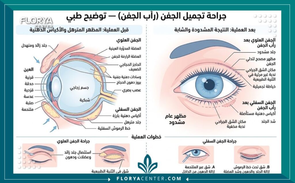تجربتي مع قص الجفون في اسطنبول 2 رسم توضيحي طبي يشرح كيفية إجراء عملية قص الجفون العلوية والسفلية وإزالة الدهون.