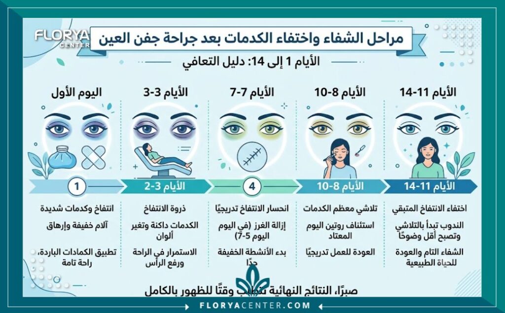 تجربتي مع قص الجفون في اسطنبول 3 إنفوجرافيك يوضح مراحل وفترة زوال الكدمات والتورم بعد عملية شد الجفون.