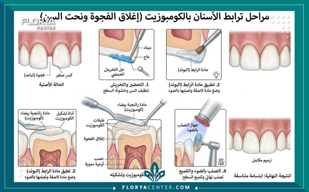 رسم توضيحي طبي يشرح خطوات تطبيق حشوة الكومبوزيت لإغلاق فراغات الأسنان وتجميلها بدون الحاجة لمعمل.