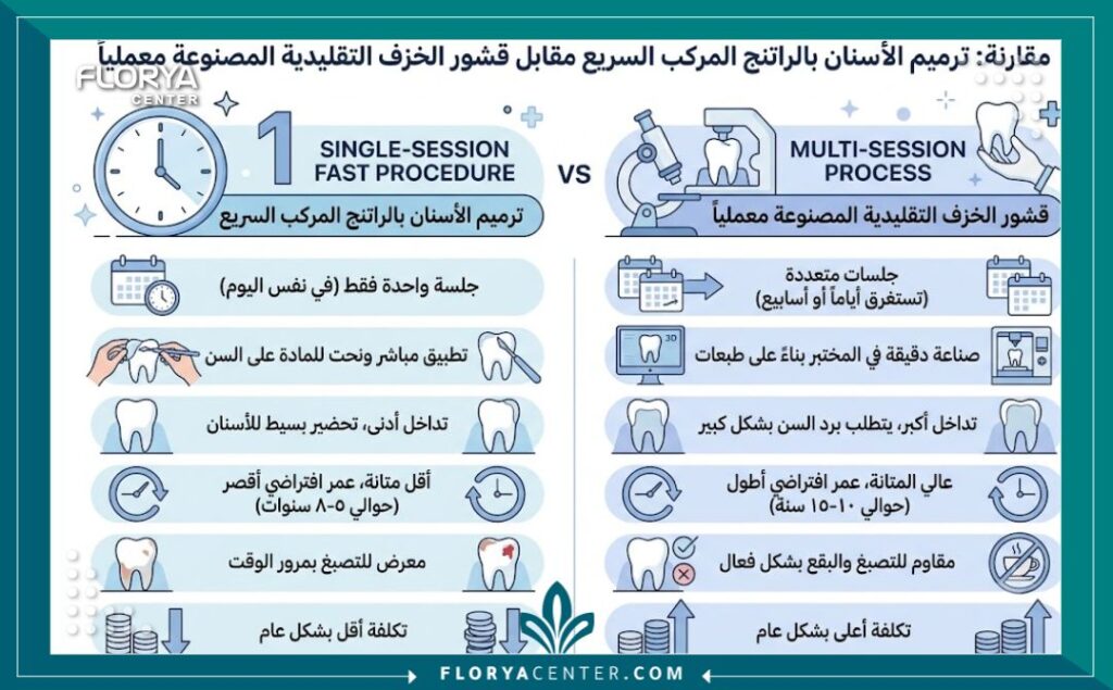 إنفوجرافيك يقارن بين تجميل الاسنان بالراتنج في جلسة واحدة السريع وبين الفينير التقليدي الذي يحتاج لمعمل.