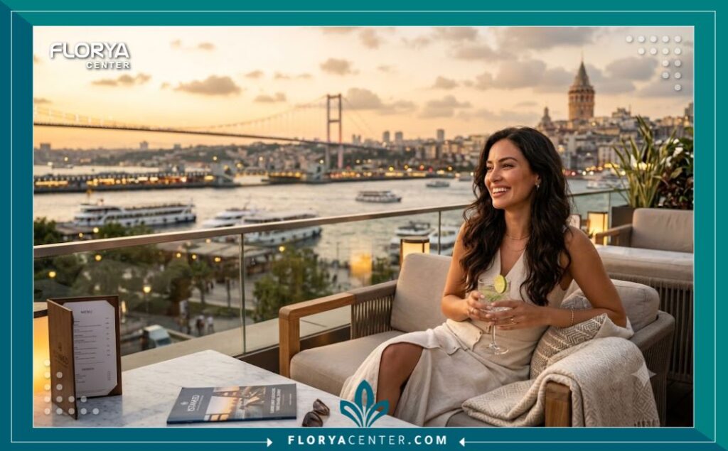 مريضة تستمتع بابتسامتها الجديدة في جولة سياحية أمام جسر البوسفور في اسطنبول خلال رحلة السياحة العلاجية.