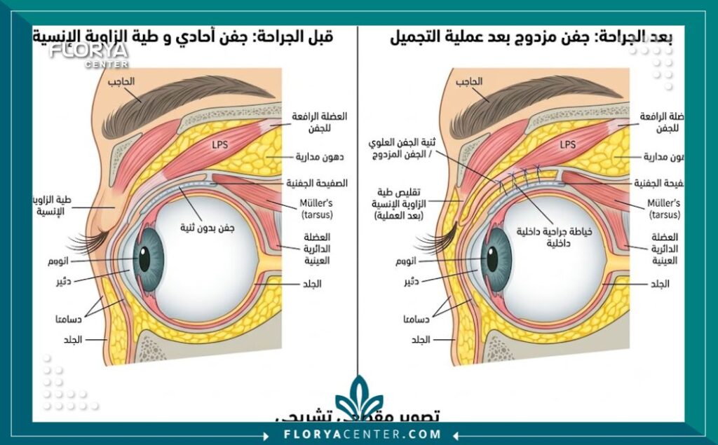تجميل الجفن الآسيوي في تركيا 2 رسم توضيحي طبي يشرح تشريح العين قبل وبعد عملية إحداث ثنية العين وفتح الزاوية الداخلية.