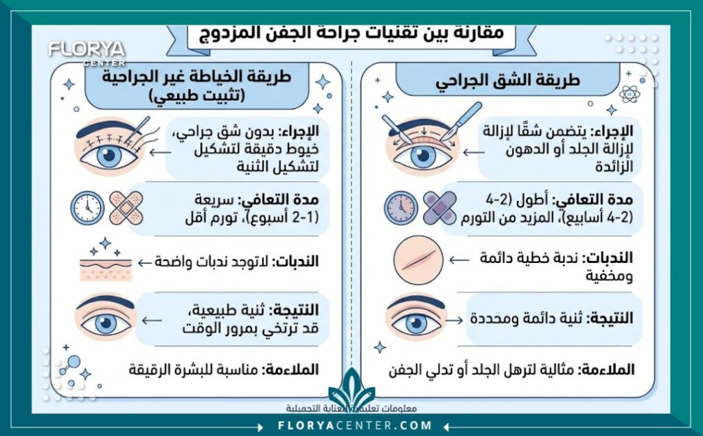 تجميل الجفن الآسيوي في تركيا 3 إنفوجرافيك يقارن بين تقنيات تجميل الجفن الآسيوي المختلفة جراحياً وبدون جراحة في تركيا.