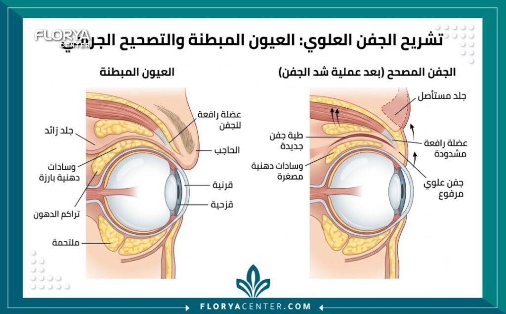 رسم توضيحي طبي لتشريح العين يظهر أسباب الجفون المبطنة وكيفية إزالة الجلد والدهون الزائدة.