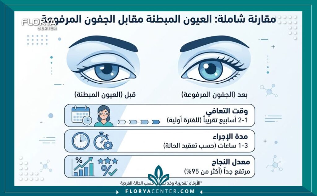 إنفوجرافيك يقارن بين شكل العين قبل وبعد عملية قص الجفون العلوية المبطنة مع تفاصيل فترة التعافي.