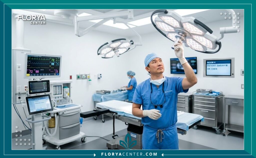 غرفة عمليات حديثة ومجهزة بأحدث التقنيات لإجراء جراحة تجميل الجفون العلوية في بيئة طبية معقمة وآمنة.