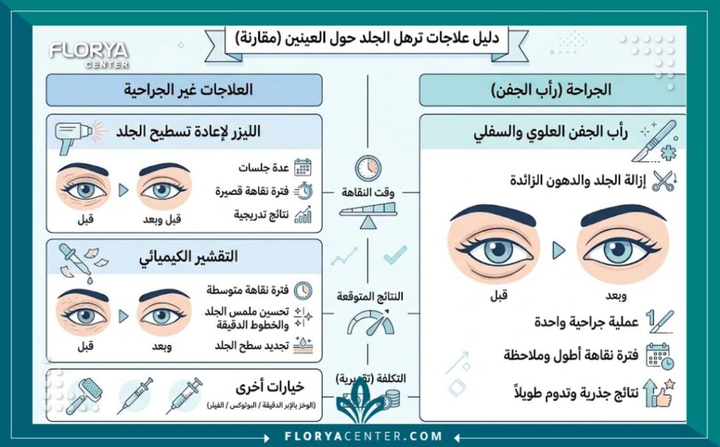 إنفوجرافيك يقارن بين أحدث طرق وعلاجات تجميل الجفون المتجعدة وشد الجلد الرقيق حول العينين.