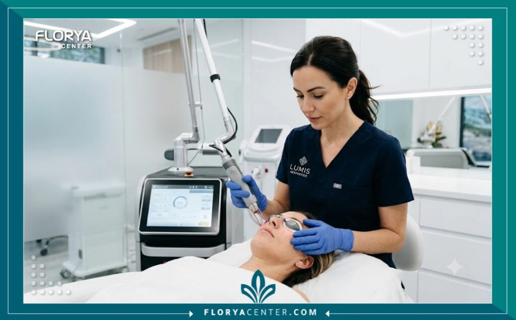 طبيب تجميل متخصص داخل عيادة حديثة يجهز أجهزة الليزر المتطورة لعلاج وتجميل الجفون المتجعدة بأمان.