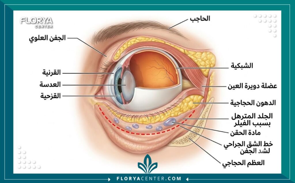 رسم توضيحي طبي دقيق يوضح تشريح العين وطريقة استئصال الجلد المترهل وعلاج تمدد الجفون بعد حقن الفيلر.