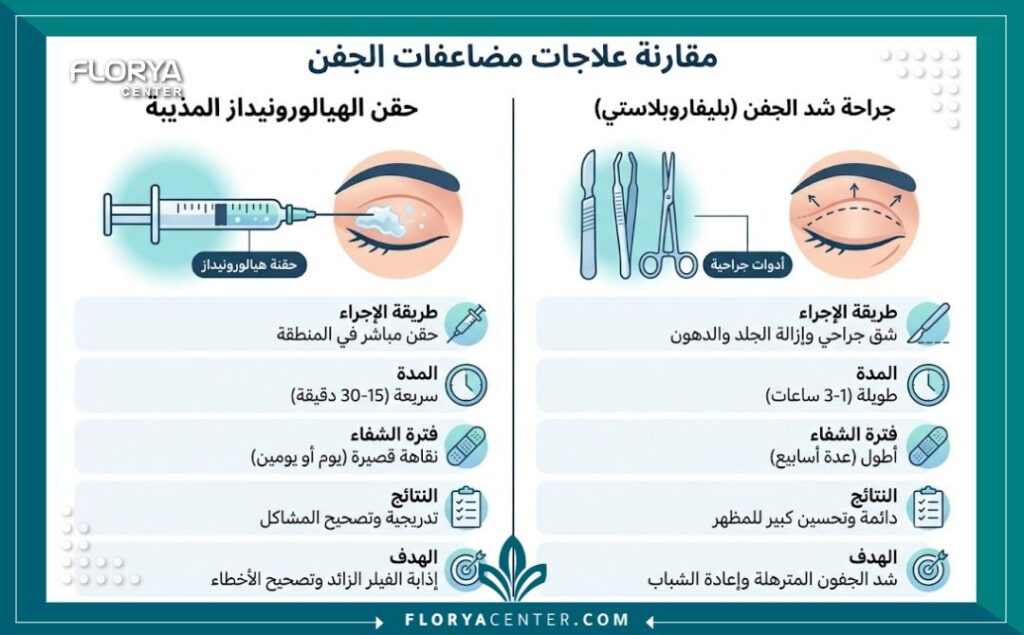 إنفوجرافيك يقارن بين حقن تذويب الفيلر (الهيالورونيداز) وعملية شد الجفون الجراحية لعلاج ترهل وتمدد الجلد.