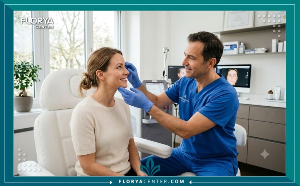 طبيب جراحة تجميل متخصص يفحص منطقة أسفل العين لمريضة تعاني من ترهل الجفون بعد الفيلر الخاطئ داخل عيادة مجهزة.