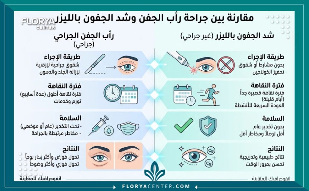إنفوجرافيك يوضح مقارنة بين تجميل الجفون بالليزر والجراحة التقليدية من حيث فترة النقاهة، الأمان، والتكلفة في العيادات التركية.