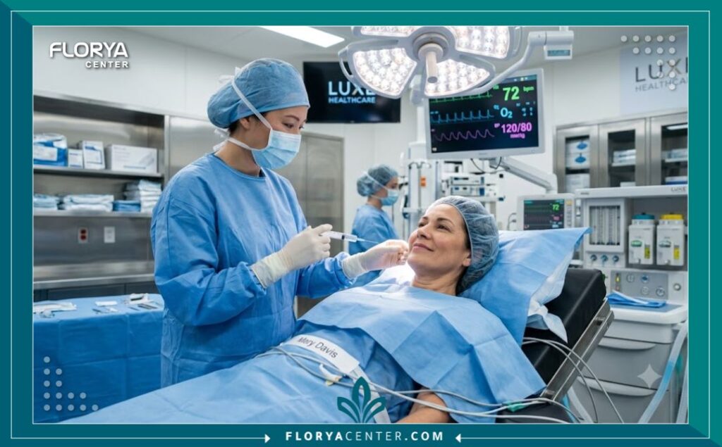غرفة عمليات حديثة ومعقمة توضح راحة المريضة أثناء الاستعداد لإجراء تجميل الجفون بالتخدير الموضعي بدون ألم.