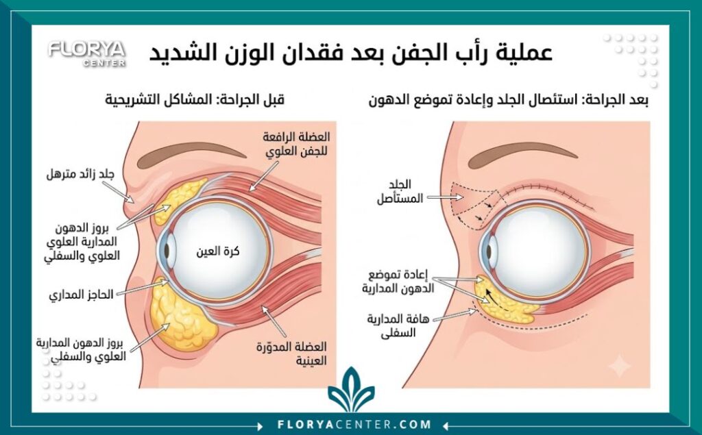 رسم توضيحي طبي يشرح تشريح الجفن وكيفية إزالة الجلد المترهل وعلاج التجويف في عملية تجميل الجفون بعد التكميم.
